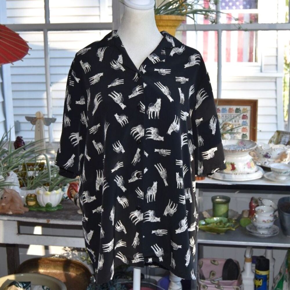 90s BonWorth Black White Zebra Print Button Front Tunic Blouse Women’s XL